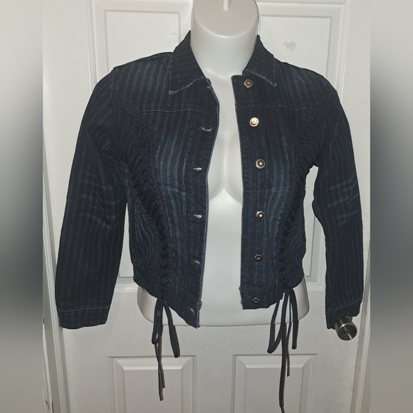 🆕️Y2k Crest Striped Lace Up Demin Cropped Jacket NWT Sz L - Picture 2 of 14